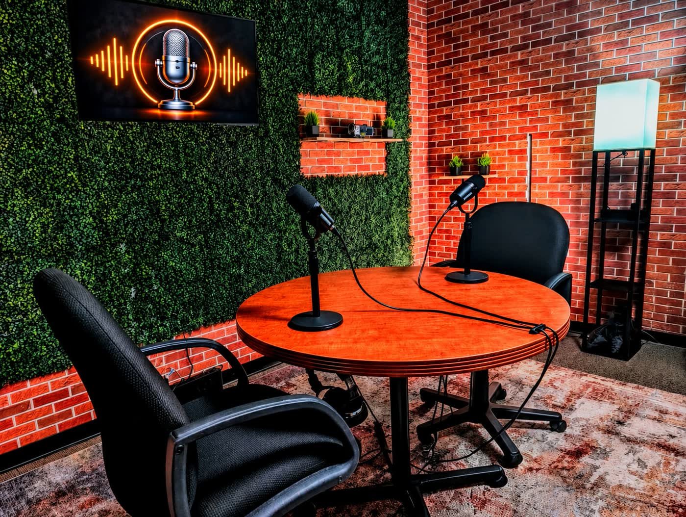 Two-seat podcast recording table with broadcast microphones, in a studio with exposed brick walls, a living green wall, and an on-air neon sign
